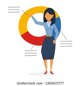 Woman stand at a big round diagram and work. Business worker. Pie chart as metaphor of data analysis. Flat vector illustration