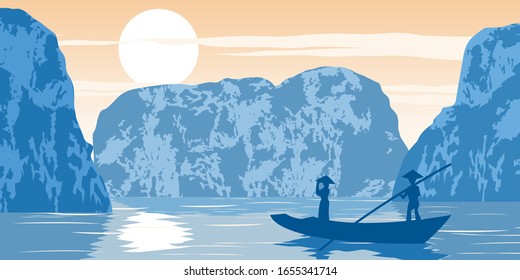 woman stand in boat to go to come home by pass Ha long bay famous landmark of Vietnam ,vintage color,vector illustration