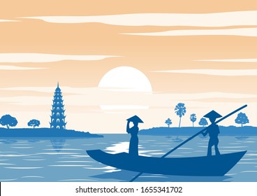 woman stand in boat to go to pay respect to Tran Quoc famous pagoda of Vietnam ,vintage color,vector illustration