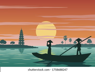 Woman stand in boat to go to pay respect to Tran Quoc famous pagoda of Vietnam ,vintage color,vector illustration