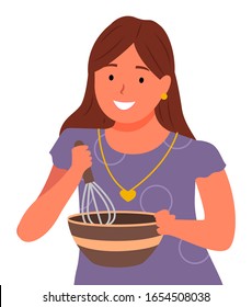 Woman stand and cook in kitchen. Housewife whips ingredients for meal in bowl. Lady blend products by whisk in hands. Person isolated with kitchenware. Vector illustration of cooking process in flat