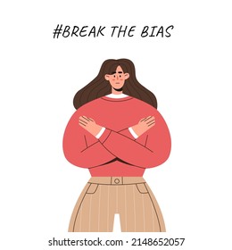 Woman Stand With Crossed Arms. International Women’s Day. 8th March. Break The Bias. Vector Illustration In Flat Style