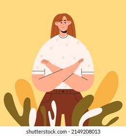 Woman Stand With Crossed Arms. International Women’s Day. 8th March. Break The Bias. Vector Illustration In Flat Style