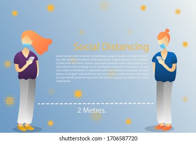 woman stand distancing, social distance, corona virus, vector, illustrator
