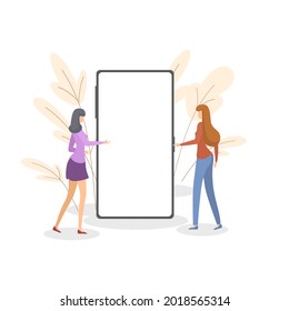 Woman stand in front of big smartphone free space.flat design.Isolated on white background.Vector illustration about use technology.