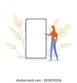 Woman stand in front of big smartphone free space.flat design.Isolated on white background.Vector illustration about use technology.