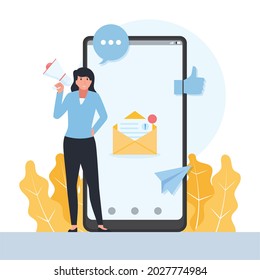 Woman stand in front of phone with letter metaphor of public relation