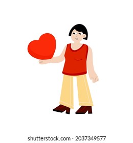 Woman stand with heart. Young female character. Romance and love. Girl with a cute gift. Flat cartoon illustration