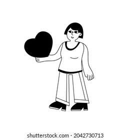 Woman stand with heart. Young female character. Romance and love. Girl with a cute gift. Outline Flat cartoon illustration