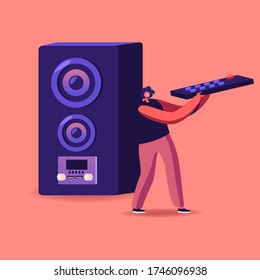 Woman Stand at Huge Dynamics Holding Remote Control for Making Sound On. Noise Pollution, Character Listen Loud Music at Home, Bar or Night Club, Entertainment, Leisure. Cartoon Vector Illustration