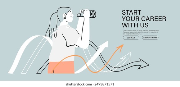 Woman stand and look in binocular searching job or inspiration follow arrow direction. Career or personal growth. Educational choice process web banner, landing page or poster for startup or courses.