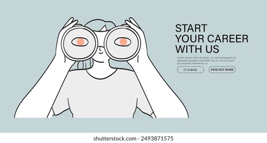 Woman stand and look in binocular searching job or inspiration in doodle outline style. Career or personal growth or choice. Educational process banner, web page or poster for startup or courses.