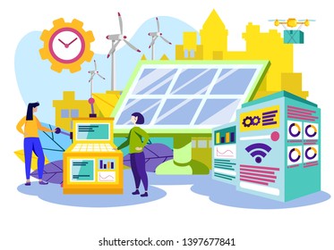 Woman Stand near Industrial Machine. Operating System of Industrial Enterprise. Plant Use Solar Battery. Teamwork. Computer Technology. Working Process. Automation and Technology. Vector Illustration.