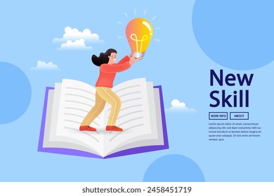 A woman stand on a book. World book reading or literacy day banner. Book market or fair concept. Young people have idea. Great idea is in form of a light bulb. business, growth, study, learn. vector