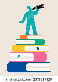 Woman stand on the books and holding telescope. Knowledge and vision for success concept. Colorful vector illustration
