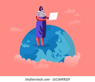 Woman Stand on Earth Globe with Laptop Analysing Worldwide Situation and Reading News of Global Warming and Nature Pollution Problems. Volunteer Care of Environment. Cartoon Flat Vector Illustration