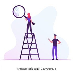 Woman Stand on Ladder Looking on Finger Print through Huge Magnifying Glass, Man Holding Smartphone in Hand. Person Identification, Id Access and Security System. Cartoon Flat Vector Illustration