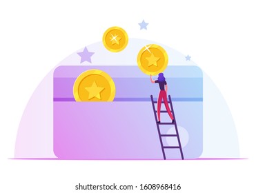 Woman Stand on Ladder Put Golden Coins to Plastic Card. Discount and Loyalty Program Customer Service, Rewards Points and Bonus System to Regular Clients Concept. Cartoon Flat Vector Illustration