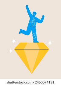 Woman stand on precious high value diamond. Value proposition concept. Colorful vector illustration
