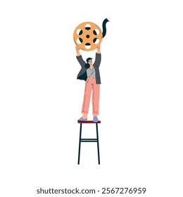 Woman Stand on Stool with Reel at Shooting Film Movie Production Scene Vector Illustration