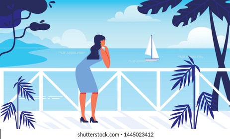 Woman Stand on Waterfront Looks at Sea and Sailboat. Training for Women. Vector Illustration. Silhouette Dress Case. Woman on Terrace with View to Sea. Happy Holiday. Summer Enjoy. Summer Fashion Look