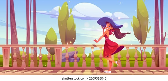 Woman stand at outdoor home terrace with marble baluster and beautiful nature landscape view. Young female character in red dress and hat resting on patio or hotel balcony, Cartoon vector illustration