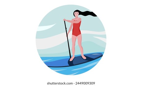 Woman Stand Up paddleboarding , flat color illustration