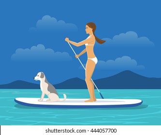 Woman Stand Up Paddling on Sap board with her Dog on a Sea