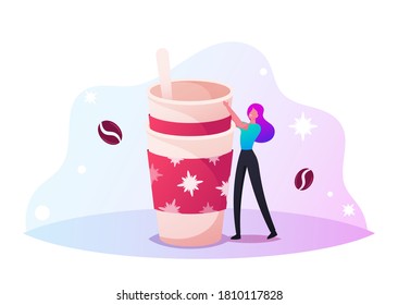Woman Stand at Paper Disposable Mug with Hot Drink for Xmas Beverage, Cocoa. Tiny Female Character Decorate Huge Cup of Coffee with Snowflakes for Christmas Holiday. Cartoon People Vector Illustration