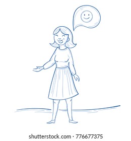 Woman stand and thinks positive. Smile happy thought about something. Cute female in hand drawn illustration style