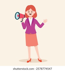 a Woman with a standard office outfit using a megaphone for hiring poster element