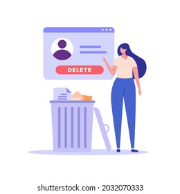 Woman standing with account or profile and trash can. User deleting social account to waste bin. Concept of delete profile, account deactivation, remove data files or page. Flat vector illustration