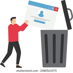 Woman standing with account or profile and trash can. User deleting social account to waste bin. Concept of delete profile, account deactivation, remove data files or page. Flat vector illustration

