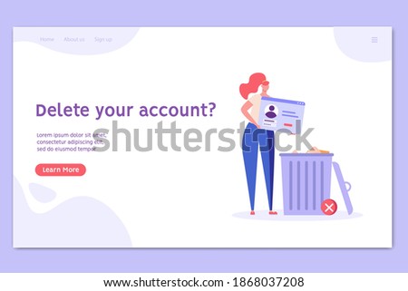 Woman standing with account or profile and trash can. User deleting social account to waste bin. Concept of delete profile, account deactivation, remove data files or page. Flat vector illustration