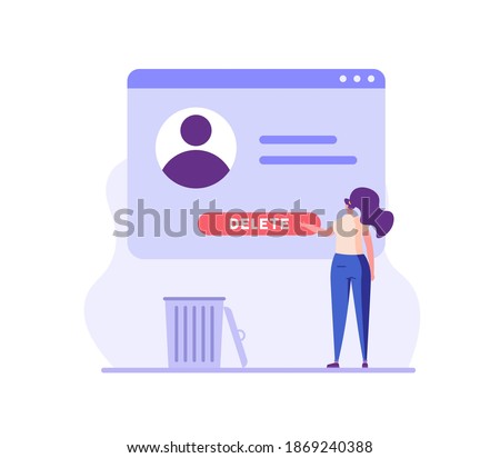 Woman standing with account or profile and trash can. User deleting social account to waste bin. Concept of delete profile, account deactivation, remove data files or page. Flat vector illustration