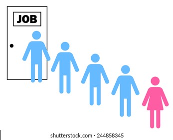 woman standing after men in a queue for a job
