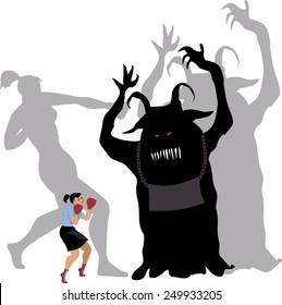 Woman standing up against a monster, her shadow fearlessly fighting it, vector illustration, no transparencies, EPS 8