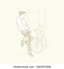 The woman standing against the wall and a bicycle is standing next to her. hand drawn style vector doodle design illustrations.
