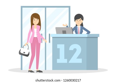 Woman standing at the airport gate. Boarding on the airplane. Idea of travel and trip. Vector flat illustration