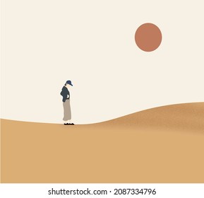 Woman standing alone on desert. Travelling and outing, discovery and exploration concept. Emptiness and loneliness. Background in minimalistic style.