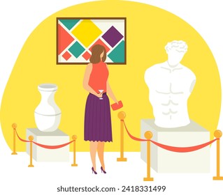 Woman standing in art gallery admiring abstract painting and classical sculpture. Art enthusiast visiting museum exhibition vector illustration.