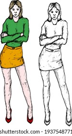 Woman standing at attention with folded arms. Hand drawn vector illustration.