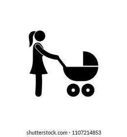 woman standing with a baby stroller, stick figure pictogram, isolated female silhouette, icon vector