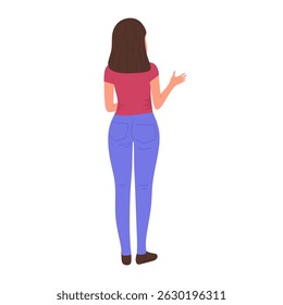 Mulher de pé, vista de trás. Ilustração plana da personagem feminina por trás, falando, gestando com a mão. Ilustração plana da menina virou a postura de volta isolada. Ilustração vetorial