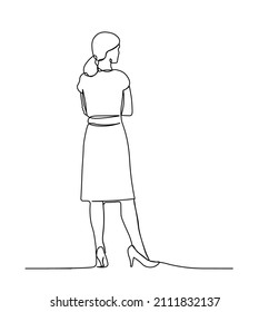 Woman standing back view one line vector illustration