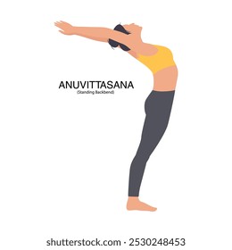 Woman in standing backbend yoga pose. Young girl exercising, training body in Anuvittasana, standing position, stretching posture. Vector illustration isolated on the white background