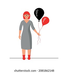 Woman standing with balloons. Vector. flat illustration. Red black and white