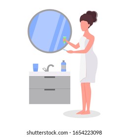 Woman standing in the bathroom and brush teeth. Idea of health and hygiene. Flat vector illustration
