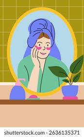 Woman standing in a bathroom, looking at herself in the mirror while applying under-eye patches. Self-care moment, skincare routine, and natural beauty. 