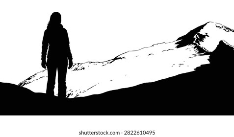 Woman Standing Before Mountain Range Black Silhouette Against White Background
